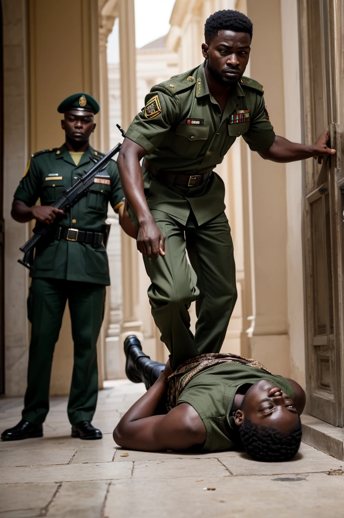 ((cinematic photo masterpiece, best quality, High Detail, sharp focus,  . 35mm photograph, film, 8k, hyper-realism)) at the Marble Palace, Rashidi, a  soldier and bodyguard to President Kabila, is seen attempting to escape. He sprints from one of the palace offices towards the fence, only to be shot in the legs by another  soldier, Mulumba.

Foreground:

Show Rashidi, around 14-16 years old, lying on the ground in pain, with a clear expression of agony and desperation on his face.
He should be wearing military fatigues, with his body positioned to indicate he was mid-sprint before being shot.
Mulumba, also around 14-16 years old, stands a few feet away, holding a rifle aimed at Rashidi, his expression serious and resolute.
Mulumba should be in similar military fatigues, standing in a stance of authority and tension.
Background:

Partially reveal the opulent Marble Palace with its grand marble columns and luxurious details.
Kapend, the ADC to the president can be seen in the background approaching the scene.
Details and Emphasis:

Focus on the intense emotions on Rashidi and Mulumba’s faces – Rashidi’s pain and fear, Mulumba’s determination.
Rashidi’s body should be shown mid-fall, with one leg still slightly elevated as if caught in the act of running.
Mulumba should have a firm grip on his rifle, ready to act further if needed, emphasizing his role in stopping Rashidi.