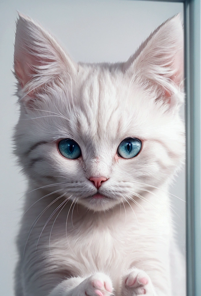 /I Through frosted glass, I saw a cute cat face with a hazy texture, with two pink claws protruding from below. Simple background and cartoon style. Featuring white and gray, adopting minimalist design. A close-up of only one claw with a blurry effect to increase depth --ar 9:16 --style raw --stylize 50

