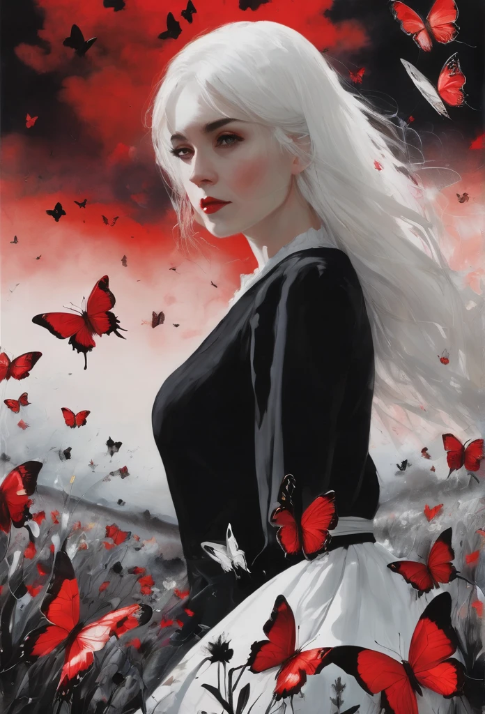 The background is a field of obscure black flowers with black butterflies, the sky is red.

And there is a woman in a white dress with white hair.