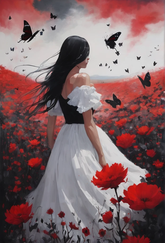 The background is a field of obscure black flowers with black butterflies, the sky is red.
And there is a woman in a white dress with white hair.