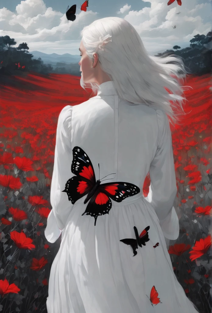 The background is a field of obscure black flowers with black butterflies, the sky is red.
And there is a woman in a white dress with white hair.
