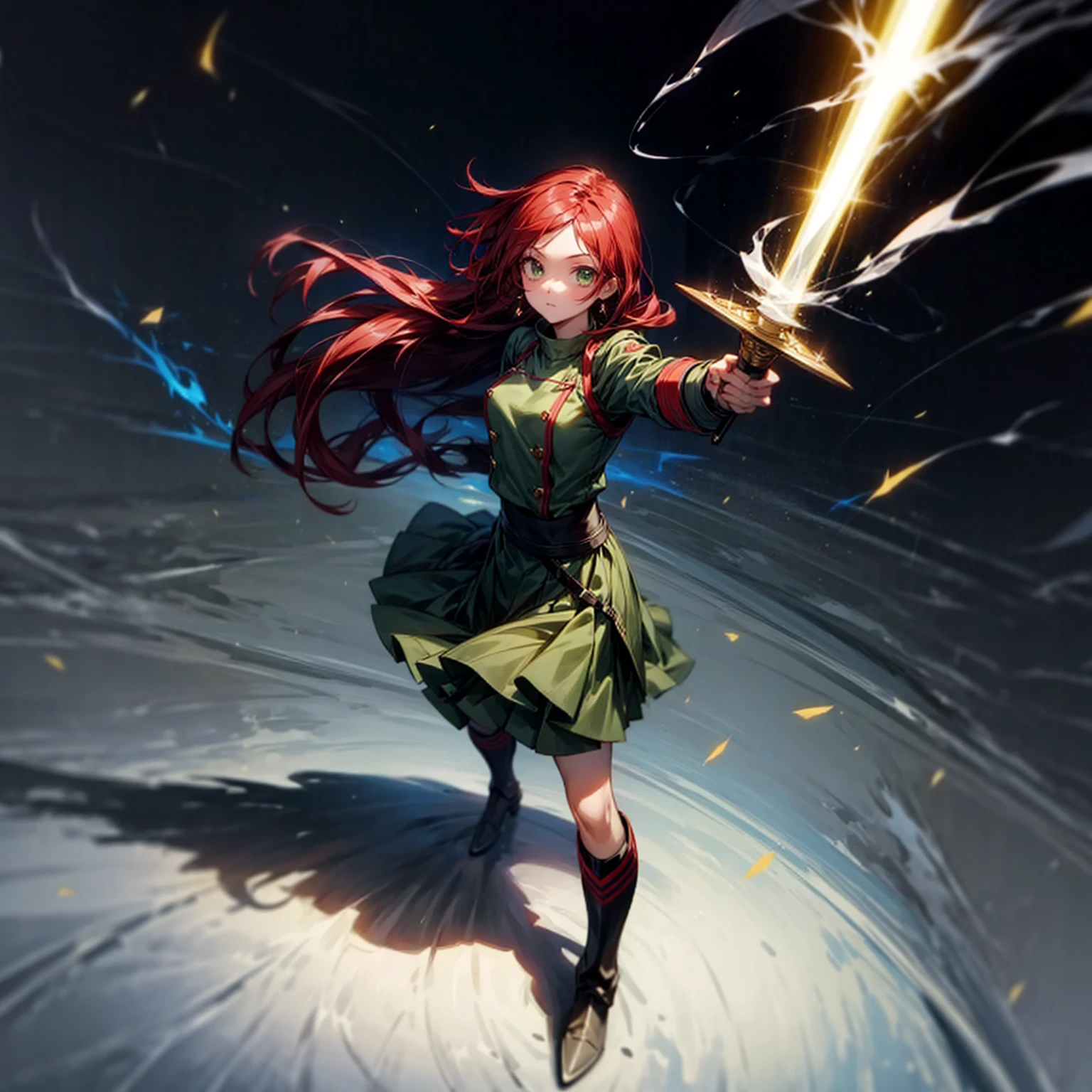 1girl, Full body version, 1character, character is girl, green eyes color, long hairstyle, red colour hair, soldier style clothing, Long skirt, long socks, long boots, red earrings, two gold sword in two hand, full armors in body, full background, Grassroots, background in town, motion blur, shadow, standing gesture, sword emits a black aura, smoke, blue fire, lighting sword, lighting hologram, satan, lighting blue fire 