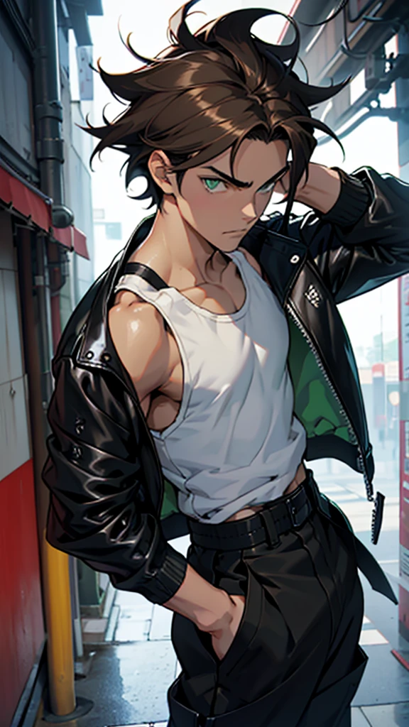 17 year old boy, 1.60 cm tall, dark green eyes, long dark brown hair, slim and muscular ,wind breaker style and long face, fighter
Anime, dressed in a white tank top and long black trousers and a black leather jacket with Japanese symbols