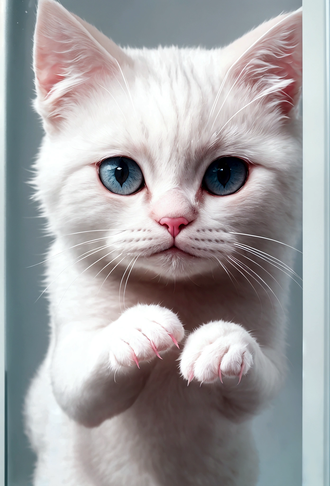 /I Through frosted glass, I saw a cute cat face with a hazy texture, with two pink claws protruding from below. Simple background and cartoon style. Featuring white and gray, adopting minimalist design. A close-up of only one claw with a blurry effect to increase depth --ar 9:16 --style raw --stylize 50