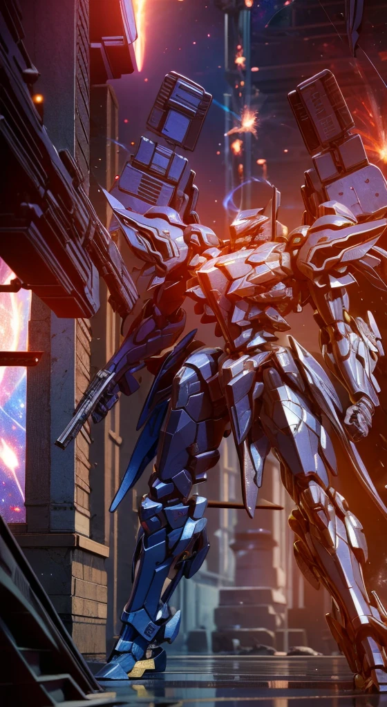 (Obra de arte, melhor qualidade:1.5).Mech branco e azul com detalhes dourados, médio, segurando uma sniper azul grande. Extremely detaild, 8K, HDR, naturallight, cinematic lighting, masterpiece-anatomy-perfect, Ultra HD, (Space Combat:1.5, Battlefield:1.5), RAW photo, metallic, professional, ultra-fine painting, perfect body proportions, anatomically correct, uhd, real texture material, Anti-Aliasing, FKAA, TXAA, SSAO, Post Processing, Post Production, Tone Mapping, CGI, VFX, SFX, Hyper maximalist, Volumetric, ultra photorealultra-detailed intricate details.