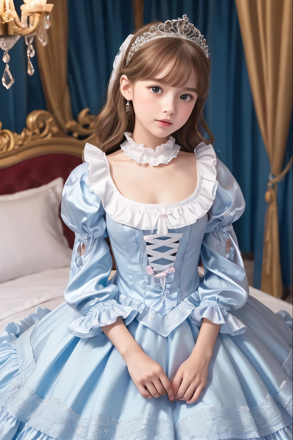 highest quality, masterpiece, highest resolution, artwork, super それにget used to it, many get used to it, get used to it, それにget used to it, 3k realistic pictures,,(( little girletailed juvenile face,ultra-detailed beautiful little girls,girls areull length ball gown dress with hoop skirt,ruffled yoke collar,puff sleeves,long sleeve,((Lolitale light blue detailed prinatin dress with lots of ruffles and ribbons)),Rococo style lolita fashion,shiny satin dress,Soft and sfabric,detailed princess dress,luxury,long blonde hair,blue eyes,white skin european,Pajama,((in the bedroom of the palace)),luxury princess canopy king size pink bed,shiny satin sheets,ultra-detailed princess bed,High-quality background,lot of frilled pillows,on the bed,