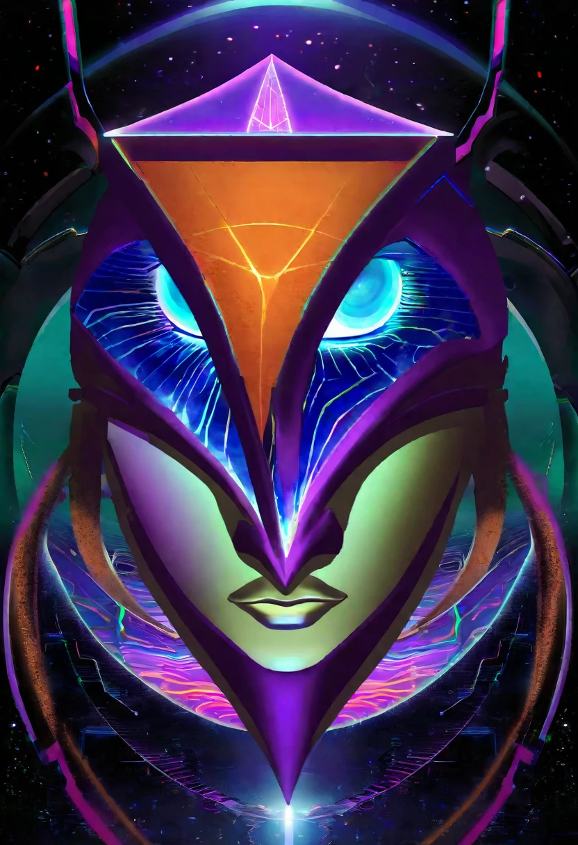 mystical face from the front, technology futuristic and geometric scenery, spirit, dmr, md, mdma, intergalactic thc, other planets and mirrored effects, colors, purple, green, blue and orange