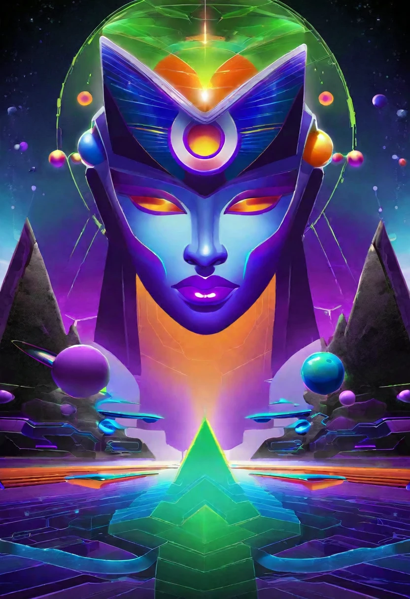 mystical face from the front, technology futuristic and geometric scenery, spirit, dmr, md, mdma, intergalactic thc, other planets and mirrored effects, colors, purple, green, blue and orange