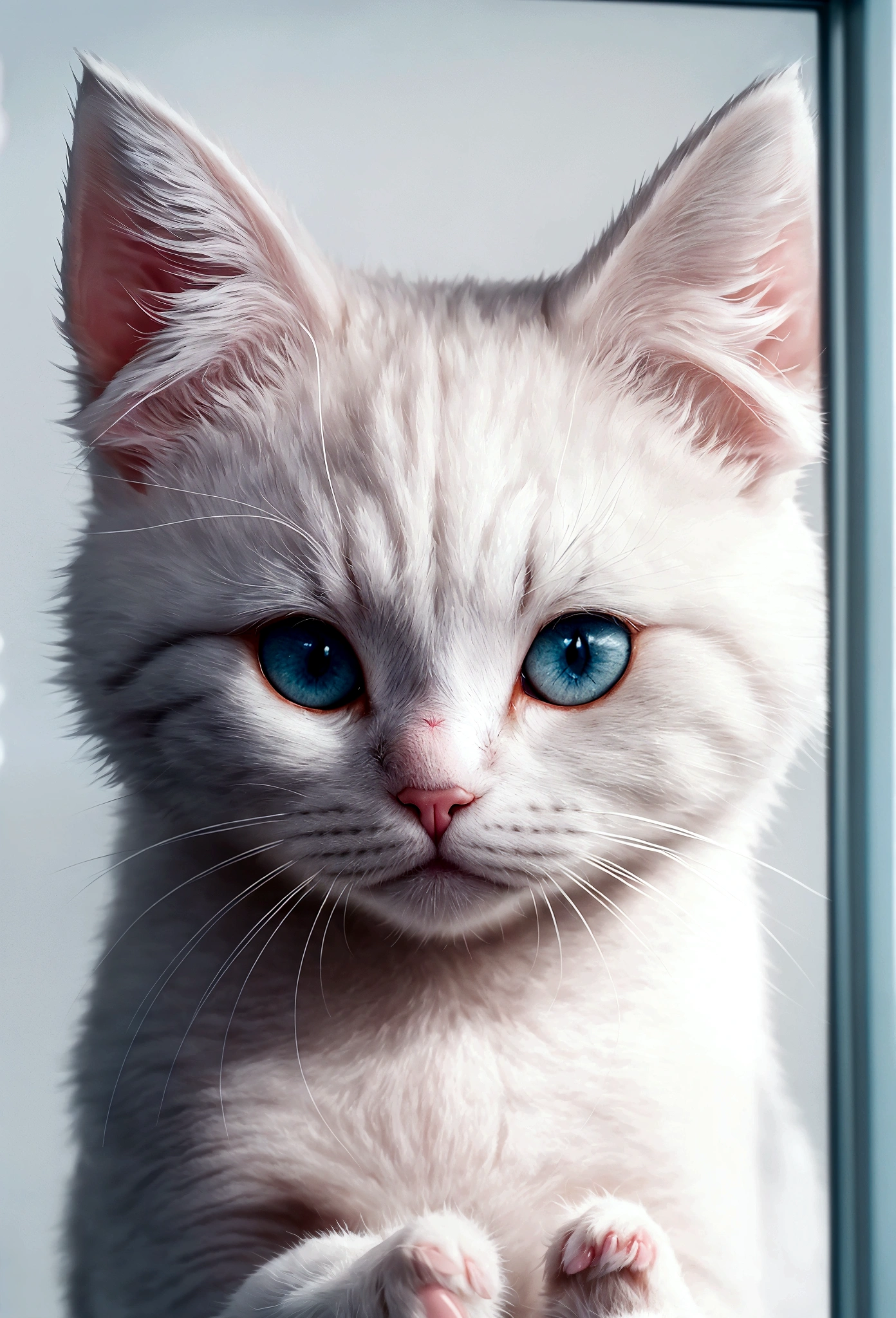 /I Through frosted glass, I saw a cute cat face with a hazy texture, with two pink claws protruding from below. Simple background and cartoon style. Featuring white and gray, adopting minimalist design. A close-up of only one claw with a blurry effect to increase depth --ar 9:16 --style raw --stylize 50
