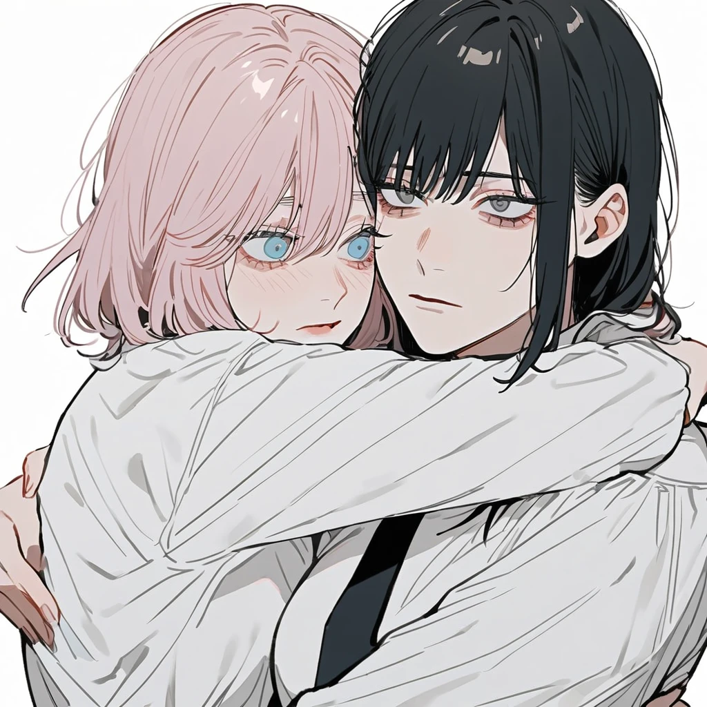 1 older woman with long, light pink hair and blue eyes,hugging 1 younger boy with short black hair and gray eyes,(hug), bloodstains,both with a white blouse and a black tie, White background, estilo chainsaw man 