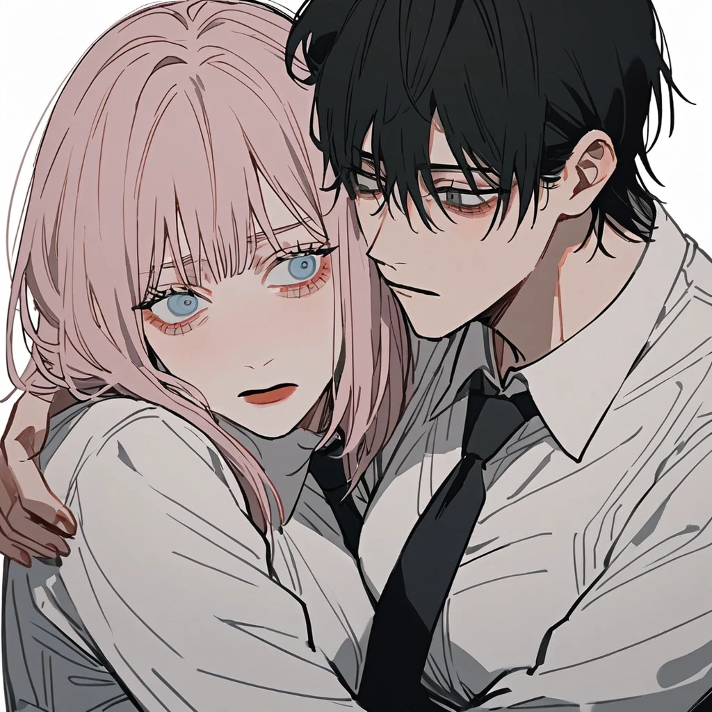 1 older woman with long, light pink hair and blue eyes,hugging 1 younger boy with short black hair and gray eyes,(hug), bloodstains,both with a white blouse and a black tie, White background, estilo chainsaw man
