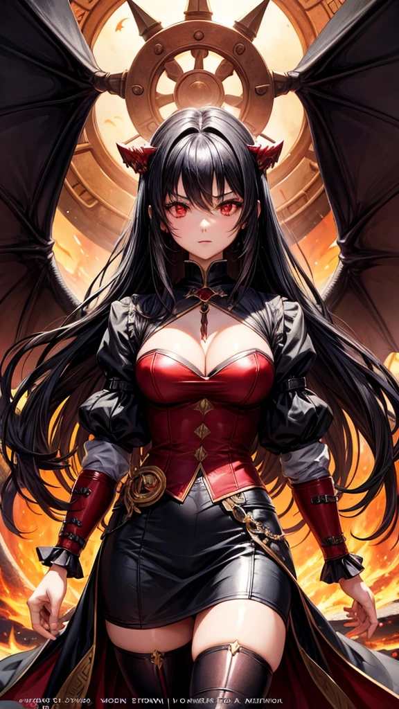 Book cover of a Black haired anime girl with red dragon like eyes. During the 18th century industrial revolution