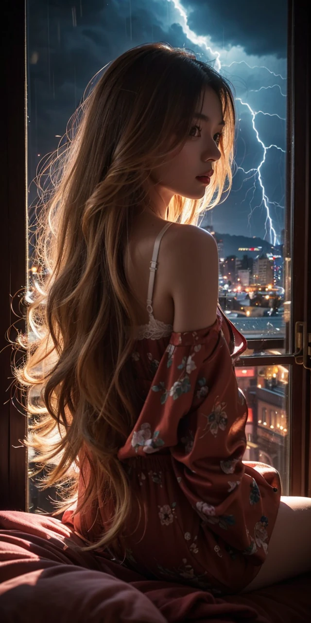 Beautiful Chinese waifu, early 30s, brunette hair, silk pyjamas, white lace bra, thunder storm out of the windows