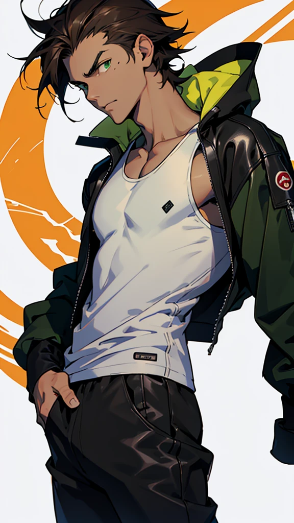 17 year old boy, 1.60 cm tall, dark green eyes, long dark brown hair, slim and muscular  ,wind breaker style and  long face, fighter  
Anime, dressed in a white tank top and long black trousers and a black leather jacket with Japanese symbols  