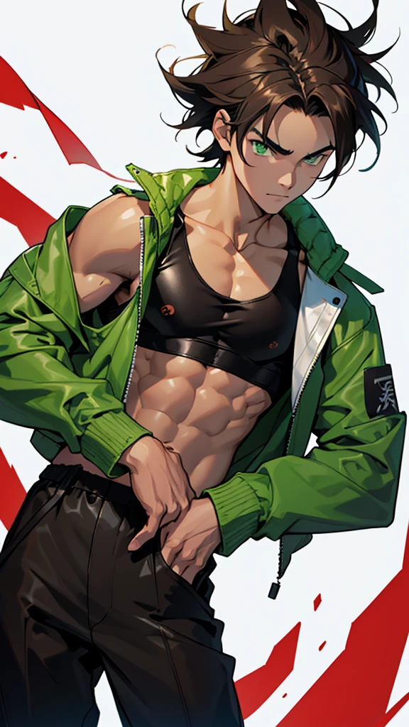 17 year old boy, 1.60 cm tall, dark green eyes, long dark brown hair, slim and muscular ,wind breaker style and long face, fighter
Anime, dressed in a white tank top and long black trousers and a black leather jacket with Japanese symbols