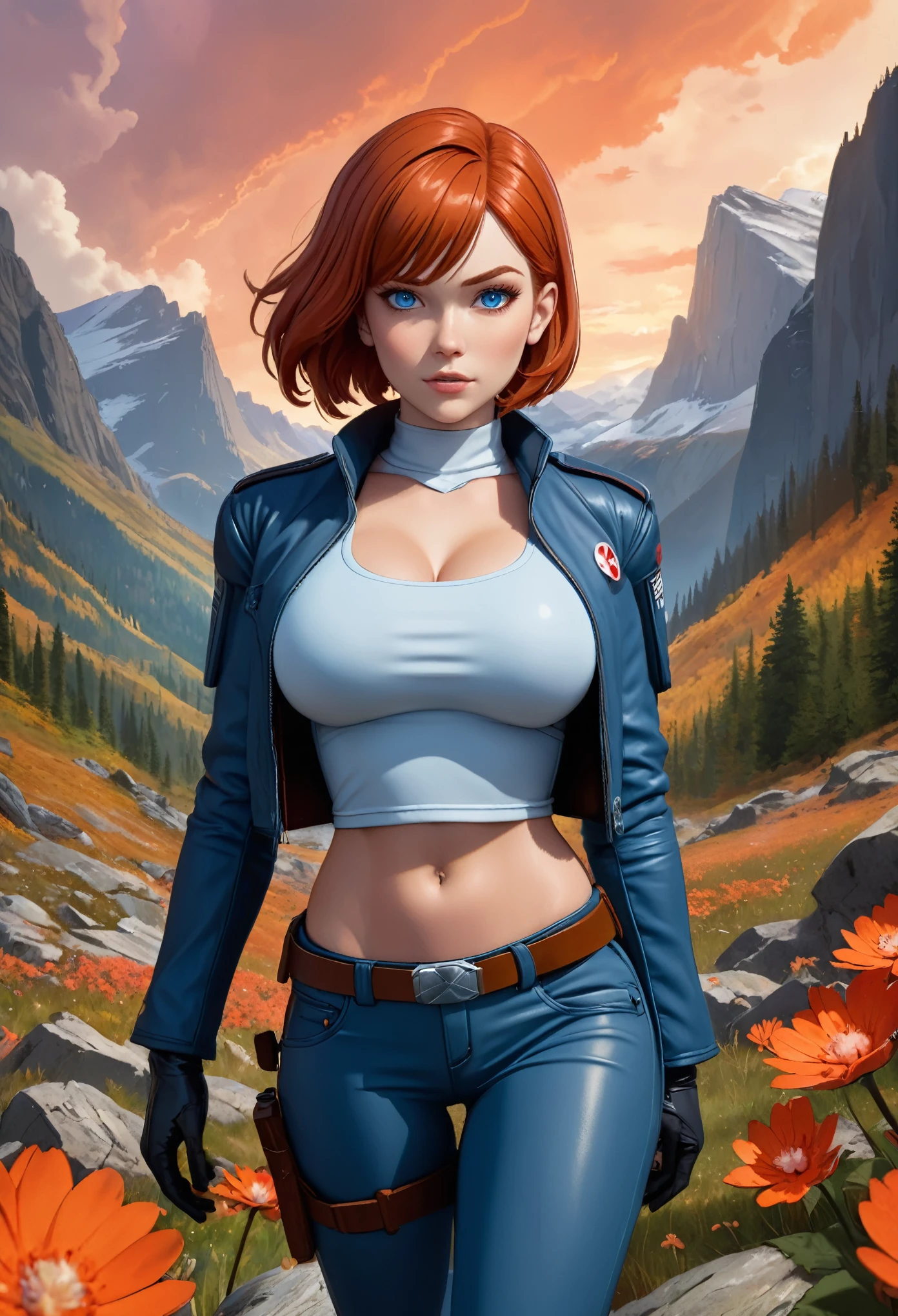 (Star Wars:1.5), (3d anime style:1.5). (zoomed out, very far shot, full body:1.3). A chuckling, (perfect teeth:1.3) ecstatic nubile muscular young 20 year old (Canadian:1.3) woman with short straight bangs red hair,, blue eyes, (large breasts:1.3), muscular ass, (perfect hands:1.3). She is wearing (light blue leather jacket and pants, platform heels:1.1). She is suggestively standing facing towards camera, in a glen with crags and small mushrooms in the background, rocky landscape with (camoflauge leaves:1.5), (red flowers:1.5) and (orange sky:1.5) with (nebula overhead:1.5). noon, sunny. cinematic lighting, vibrant colors, detailed skin texture, detailed cloth texture, beautiful detailed perfect face, intricate sharp details, ultra high res