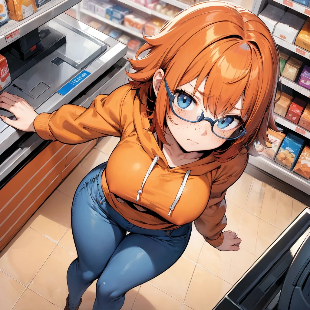 Solo, 1Female, (Short Fluffy Messy and Unruly Hair, Bobcut with Long Sideburns, Red/Orange Hair Colour, Black Streaks in Hair), Blue Eyes, Cute Face, ((Freckles on Cheeks)), Average Breasts, Wide Hips, Thick Thighs, Curvy Figure, Reddish-Orange Hoodie, Tight Blue Jeans, ((Thin Cute Glasses)), Shy Timid Expression, Slight Frown, Soft Blush, Timid Pose, ((Standing in Convenience Store In Front of Cashier Desk, From Above POV)), (Masterpiece, 4K Quality, Perfect Anatomy, Perfect Hands), 