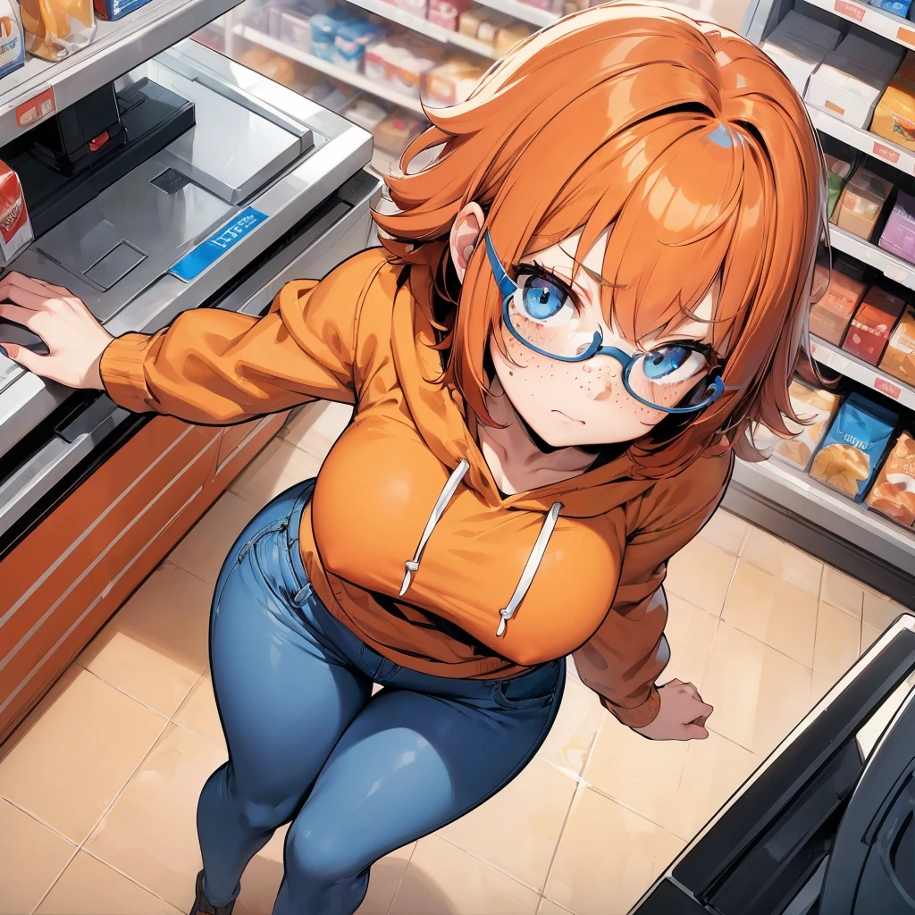 Solo, 1Female, (Short Fluffy Messy and Unruly Hair, Bobcut with Long Sideburns, Red/Orange Hair Colour, Black Streaks in Hair), Blue Eyes, Cute Face, ((Freckles on Cheeks)), Average Breasts, Wide Hips, Thick Thighs, Curvy Figure, Reddish-Orange Hoodie, Tight Blue Jeans, ((Thin Cute Glasses)), Shy Timid Expression, Slight Frown, Soft Blush, Timid Pose, ((Standing in Convenience Store In Front of Cashier Desk, From Above POV)), (Masterpiece, 4K Quality, Perfect Anatomy, Perfect Hands),