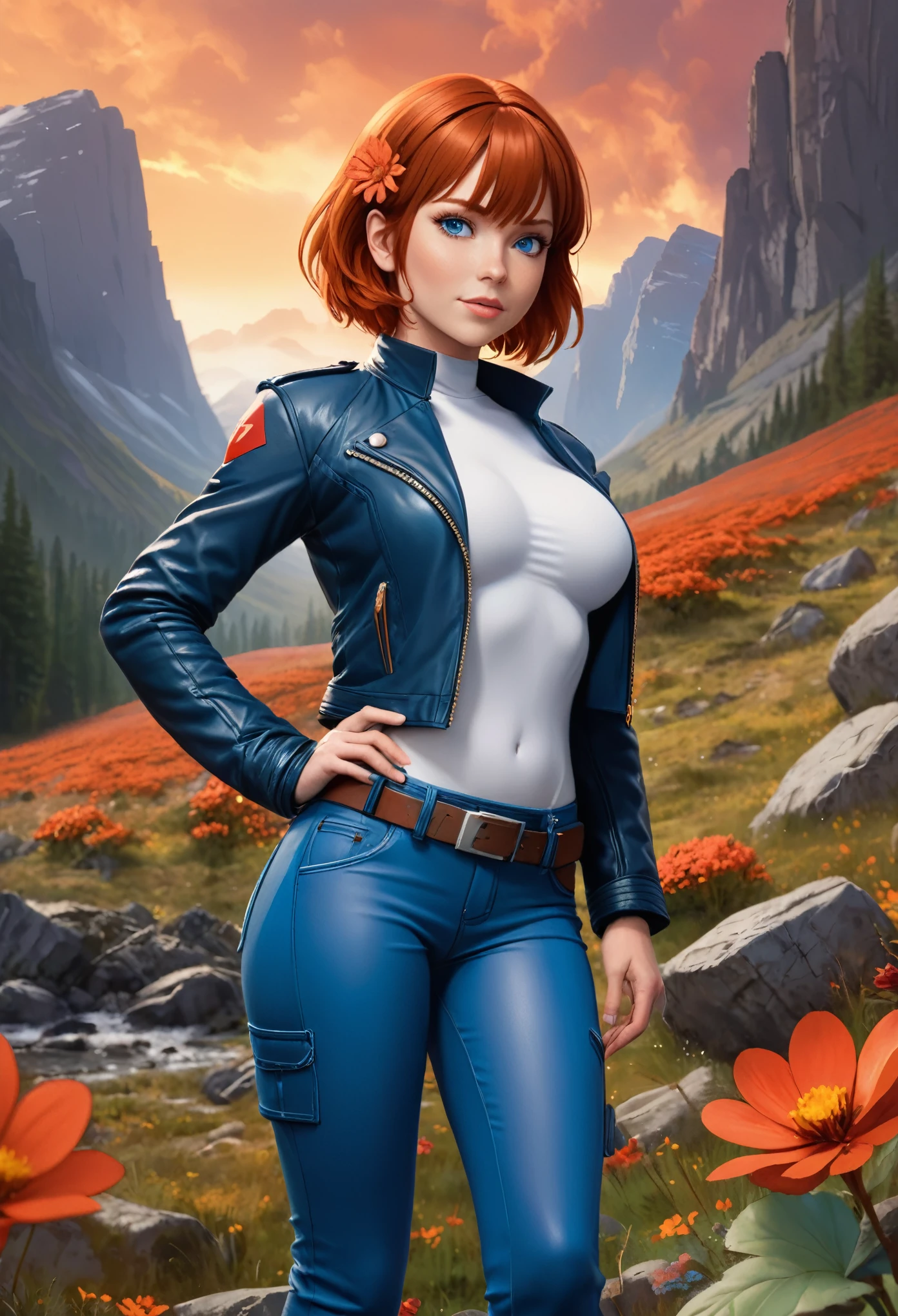 (Star Wars:1.5), (3d anime style:1.5). (zoomed out, very far shot, full body:1.3). A chuckling, (perfect teeth:1.3) ecstatic nubile muscular young 20 year old (Canadian:1.3) woman with short straight bangs red hair,, blue eyes, (large breasts:1.3), muscular ass, (perfect hands:1.3). She is wearing (light blue leather jacket and pants, platform heels:1.1). She is suggestively standing facing towards camera, in a glen with crags and small mushrooms in the background, rocky landscape with (camoflauge leaves:1.5), (red flowers:1.5) and (orange sky:1.5) with (nebula overhead:1.5). noon, sunny. cinematic lighting, vibrant colors, detailed skin texture, detailed cloth texture, beautiful detailed perfect face, intricate sharp details, ultra high res