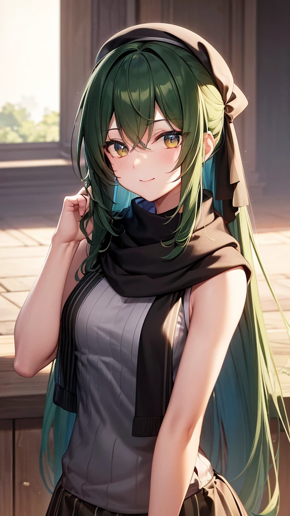 black beret, Long green hair, yellow eyes, long hair, black braid, hair parted to the right, hair clip, flower in hair, smile, calm, striped top, striped, toned arms, flexing arms, arms up, fists showing, showing off arms, sleeveless, pink skirt, garden, sunlight, scarf, ultra-detailed, absurdres, unreal engine, masterpiece, best quality, beautiful eyes, volumetric lighting, silky_hair), best quality, ultra-detailed, looking at viewer, highres, 8k wallpaper, extremely detailed, smooth lighting, 8k, depth of field, masterpiece, cinematic lighting,