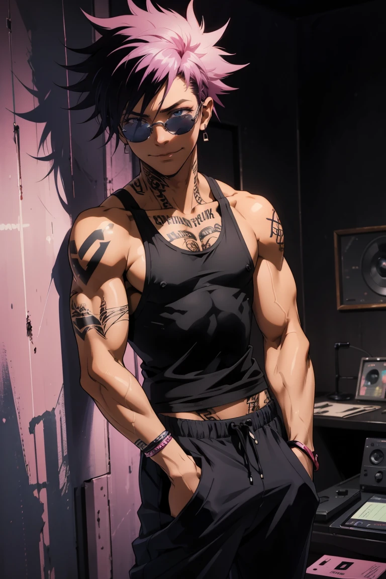Black young man, strong man, cool sun glasses, punk hair, black hair, pink hair, starched hair, , piercings, tattoo, smile, Night, dark place, black man, dark blue eyes, rockstar he is wearing a tanktop and black sweatpants, hand in pants pocket,  background: room, recording studio,
