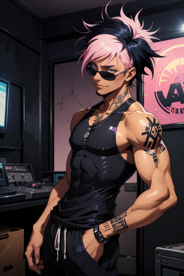 Black young man, strong man, cool sun glasses, punk hair, black hair, pink hair, starched hair, , piercings, tattoo, smile, Night, dark place, black man, dark blue eyes, rockstar he is wearing a tanktop and black sweatpants, hand in pants pocket,  background: room, recording studio,