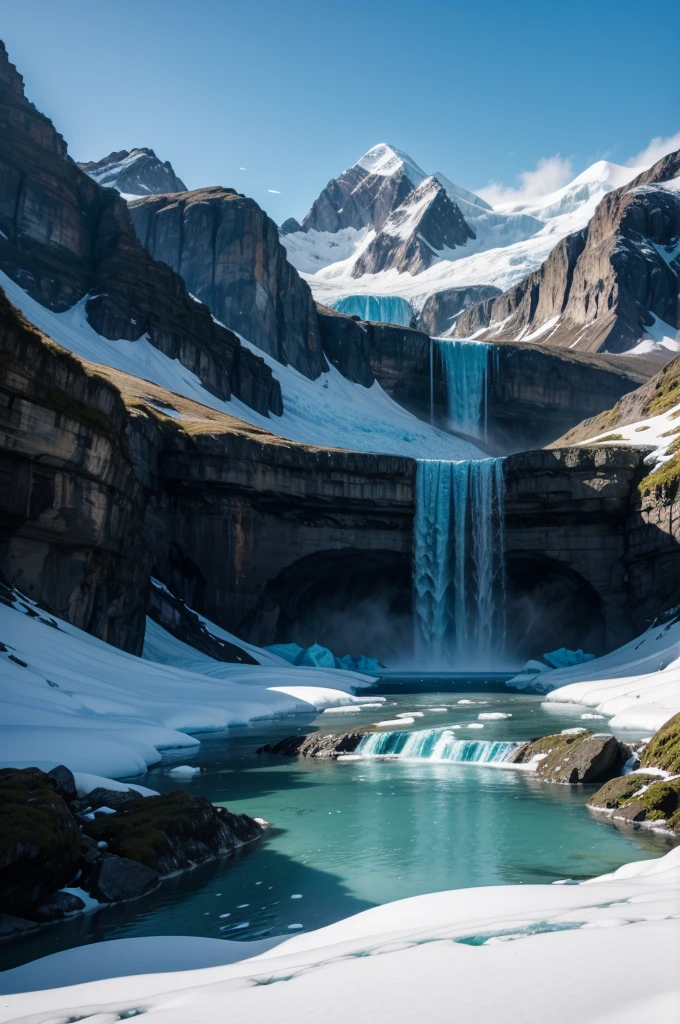 Create an image that captures the serene tranquility of a glacier juxtaposed with the powerful force of a waterfall