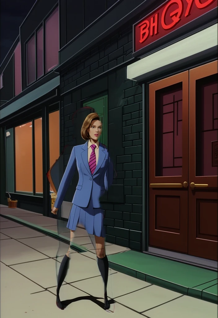 Make a anime black business woman in a red skirt suit outside of a bar