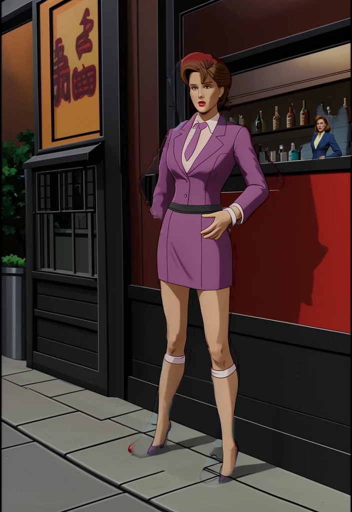 Make a anime black business woman in a red skirt suit outside of a bar