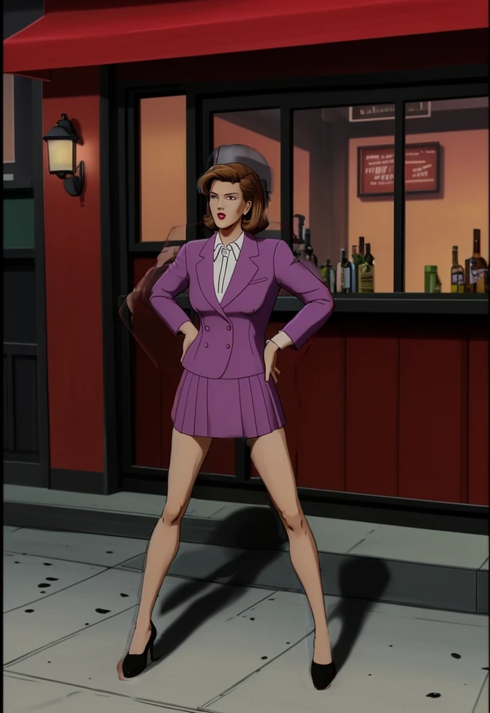 Make a anime black business woman in a red skirt suit outside of a bar