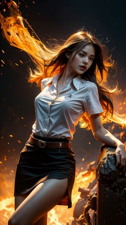 (fire element:1.2), knee shot, It consists of fire element,fire, transparency, burning, Frame print,burning hair,smoke,cloud,chopped, girl engulfed in flames, Flames fly and sparks scatter,mano burning,translucent luminescence, 18s woman in thai university uniform, long straight fire hair, white short-sleeve shirt, black tight mini skirt, brown belt, masterpiece:1.2, high detail, realistic, cinematic scene, fire goddess, slim and perfect figure, , perfect body proportion,k, 16k, close up, portrait photo, dynamic powerful sexy pose, dynamic compositions