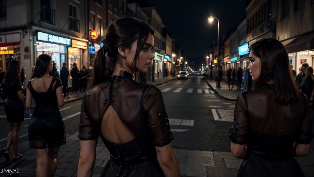 ((realistic lighting)), best qualityer, 8K, [4K PhotoRealism]!!, ((work of art: 1.3)), focusing: 1.2, (semi-transparent silk preto dress: 1.4), (super detailed eyes), [4K PhotoRealism]!!!, (open air, natta: 1.1), City background neon lights, (Photo from behind focusing from behind), (Photos from behind), half transparent black silk dress, aretes, bracelet , necklase, Chester&#39;s Stylish Features, sensuous, causal characteristics.
INFO
