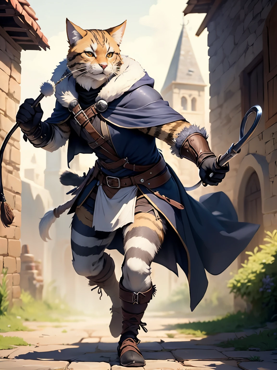 a male Tabaxi from the world of dungeons and dragons, are in possession of a whip, grey fur with black stripes, rogue, adventurer, fur, cloak, whip, black whip, leather armor clothing, thief, bull whip, using the whip, whipping, holding whipe with 2 hands.