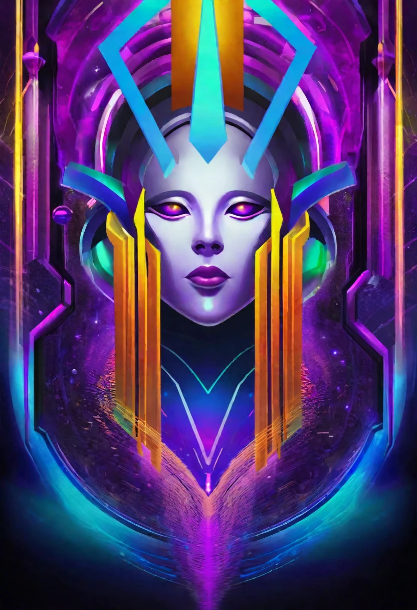 mystical face from the front, technology futuristic and geometric scenery, spirit, dmr, md, ????, intergalactic thc, other planets and mirrored effects, colors, purple, green, blue and orange machine elfo