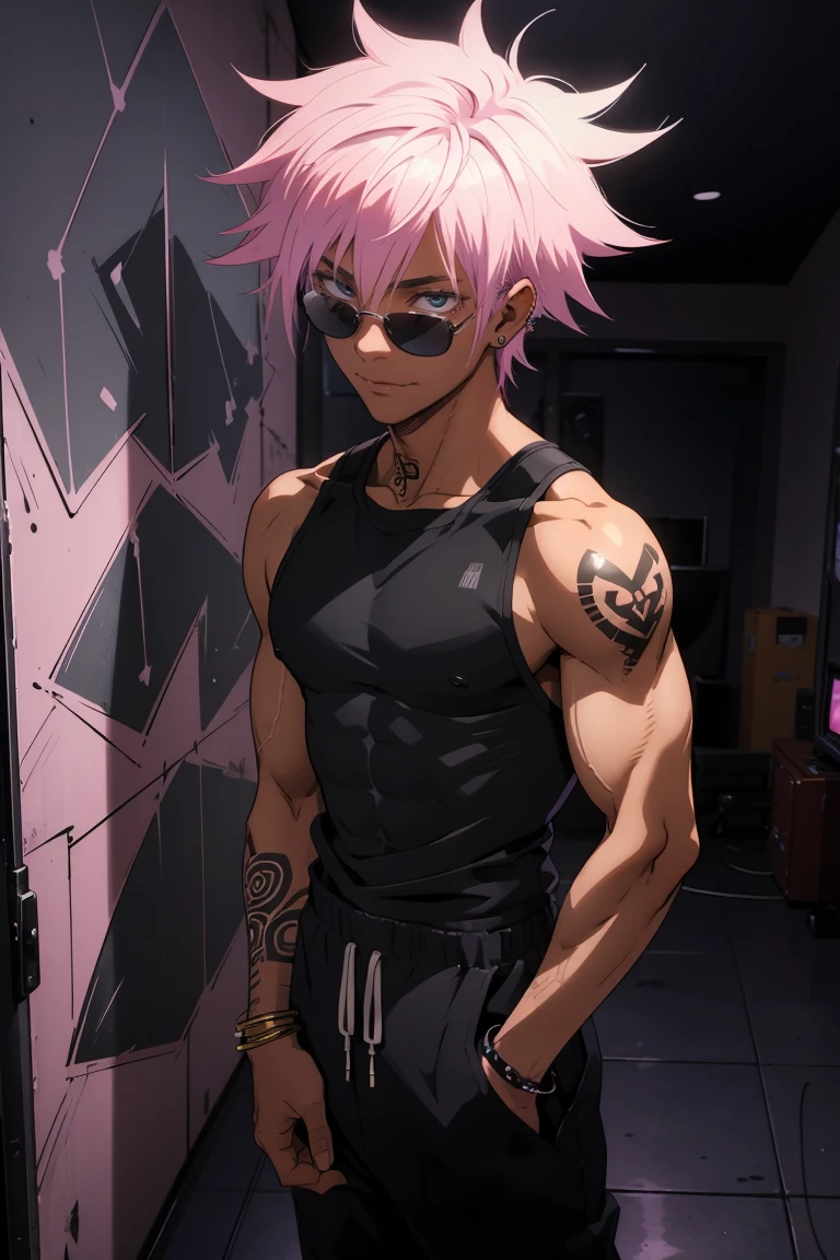 Black young man, strong man, cool sun glasses, punk hair, black hair, pink hair, starched hair, , piercings, tattoo, smile, Night, dark place, black man, dark blue eyes, rockstar he is wearing a tanktop and black sweatpants, hand in pants pocket, background: room, recording studio,