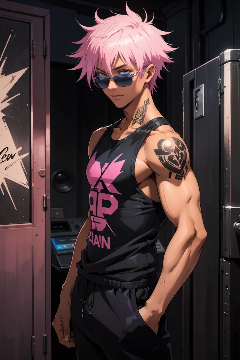 Black young man, strong man, cool sun glasses, punk hair, black hair, pink hair, starched hair, , piercings, tattoo, smile, Night, dark place, black man, dark blue eyes, rockstar he is wearing a tanktop and black sweatpants, hand in pants pocket,  background: room, recording studio,