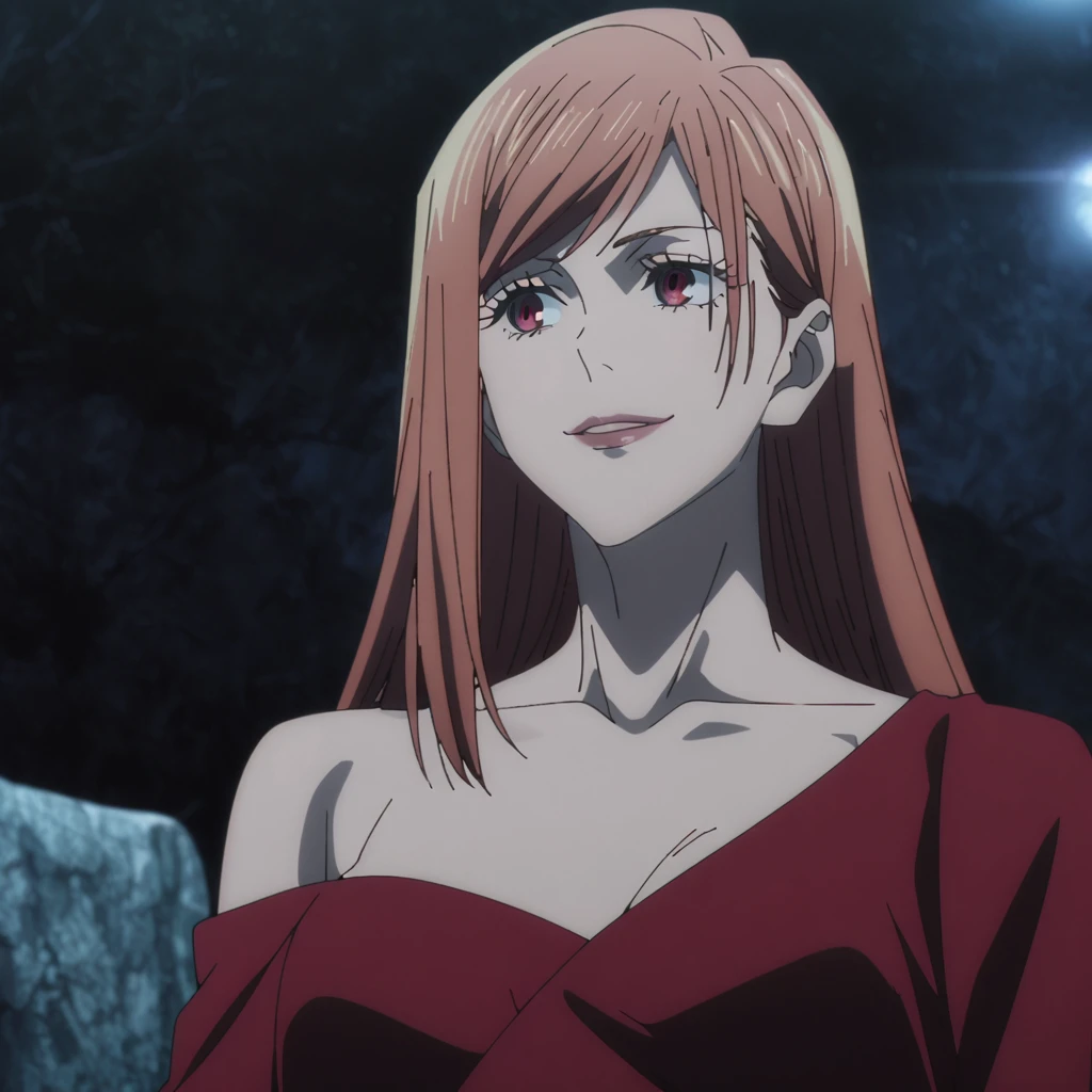 1girl, female gojo satoru, anime screencap from jujutsu kaisen, gojo satoru female version, solo, very long straight red_hair, ((smooth texture hair)) Red eyes ((very long red_hair)), night view, breasts, upper_body, smile, bangs, Red_eyes, lips, (wearing round sunglasses) (( very long straight hair, swept bangs)) wearing red color party dress, bare shoulder , collarbone, breast, "very detailed and high resolution" (Red eyes) ((solo)) ((high resolution)) (Good quality)