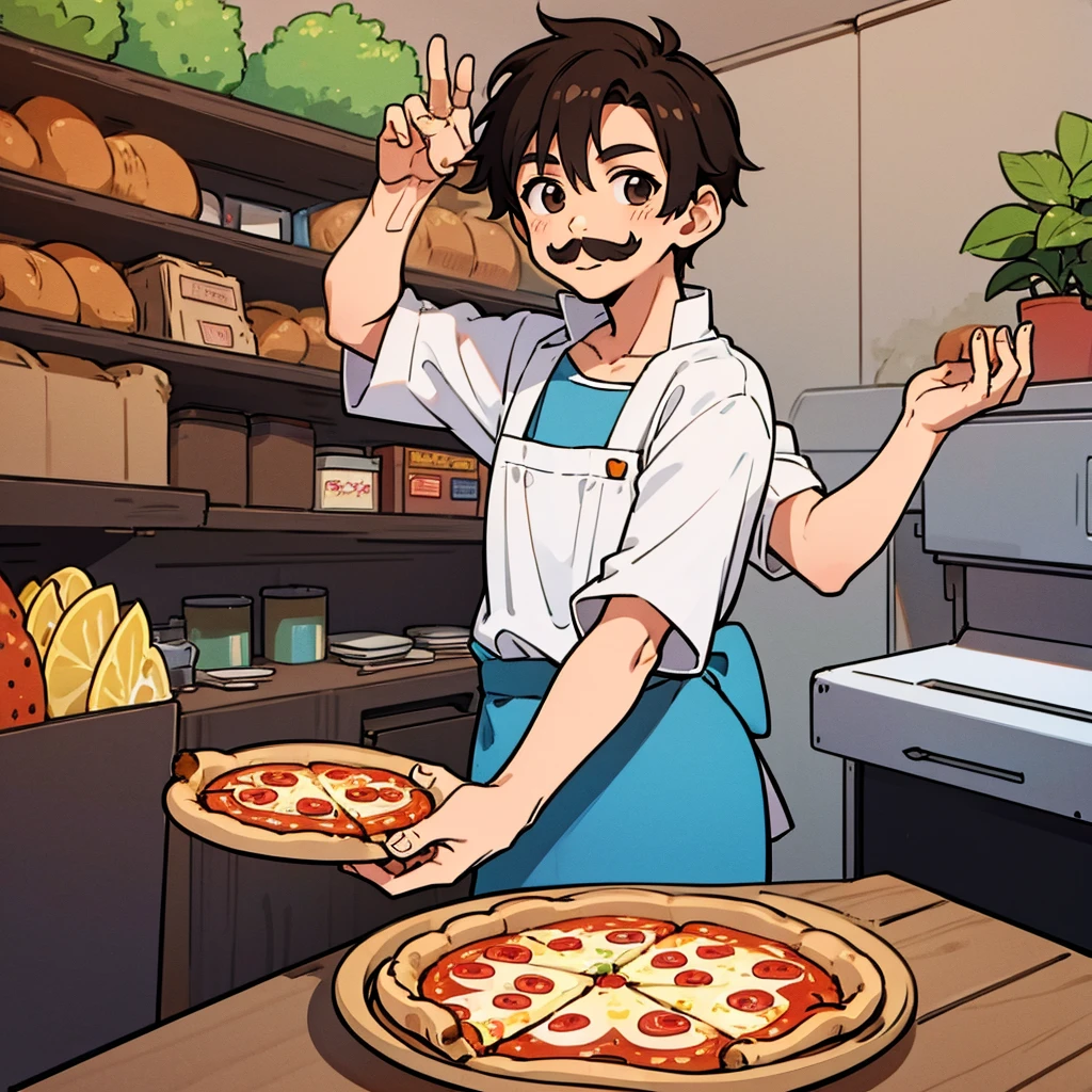 pizza maker, young guy, brown hair, moustache, smiling