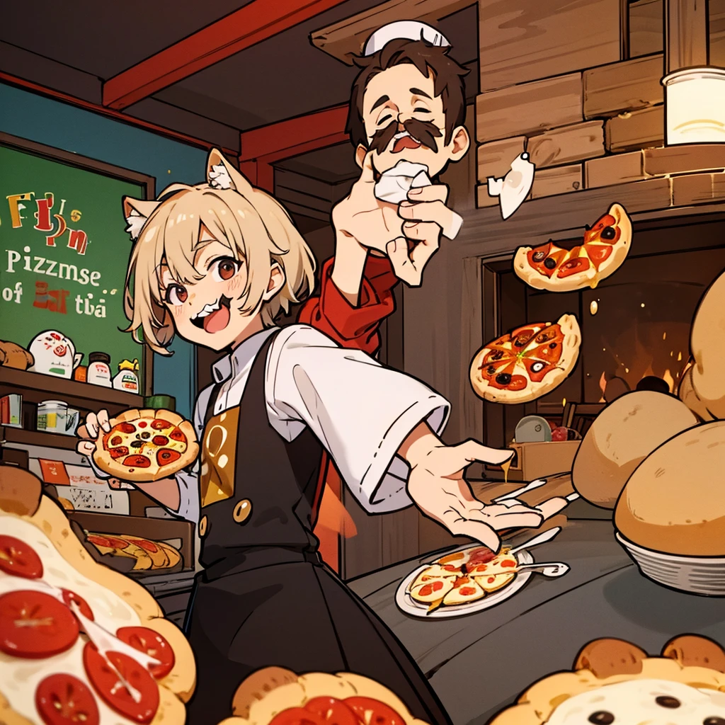 pizza maker, young guy, brown hair, moustache, smiling