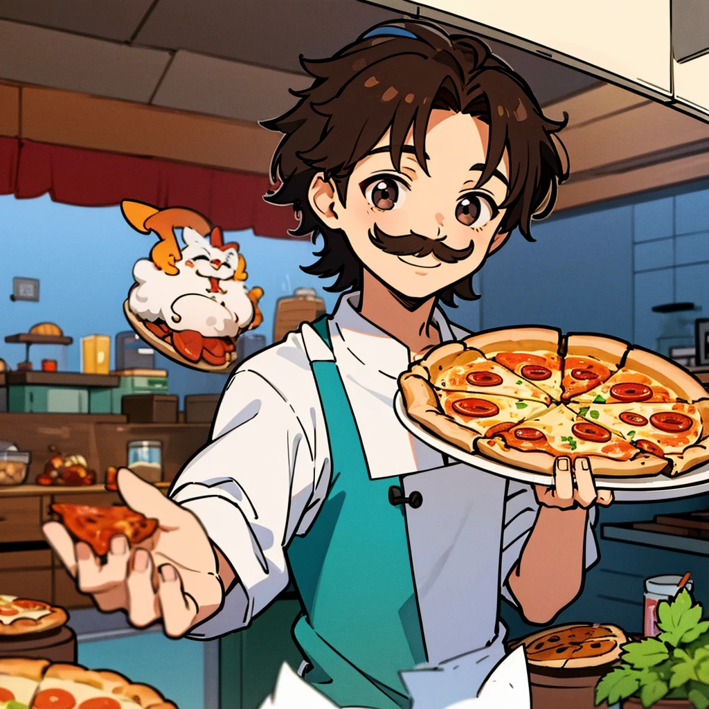 pizza maker, young guy, brown hair, moustache, smiling