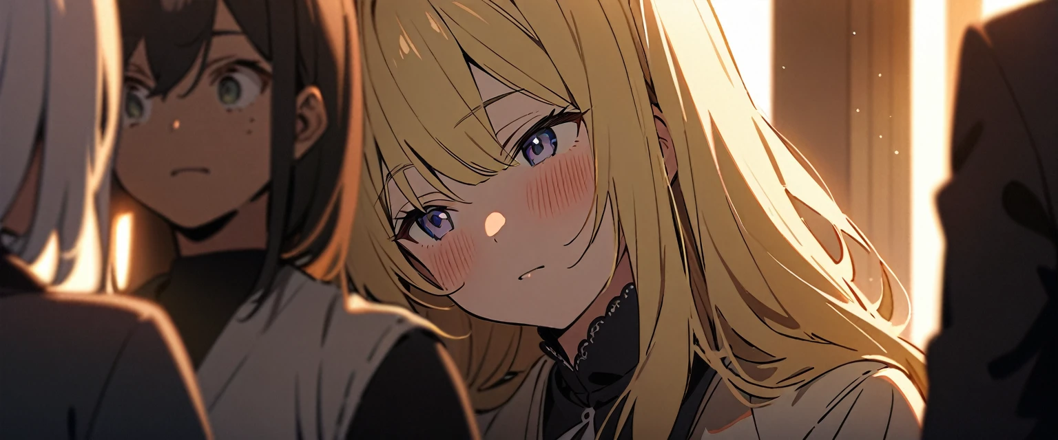 (((masterpiece,Highest quality))),((There is no one else but these two)),(((An anime woman with black hair in twin tails, wearing Lolita fashion, with dull eyes and a sickly expression))),(((A blonde anime guy with a bad look and rock-style fashion))),((Two people are facing each other and arguing in the living room of a Western-style room.)),((Grim atmosphere)),Focus on people,(high quality),アニメ