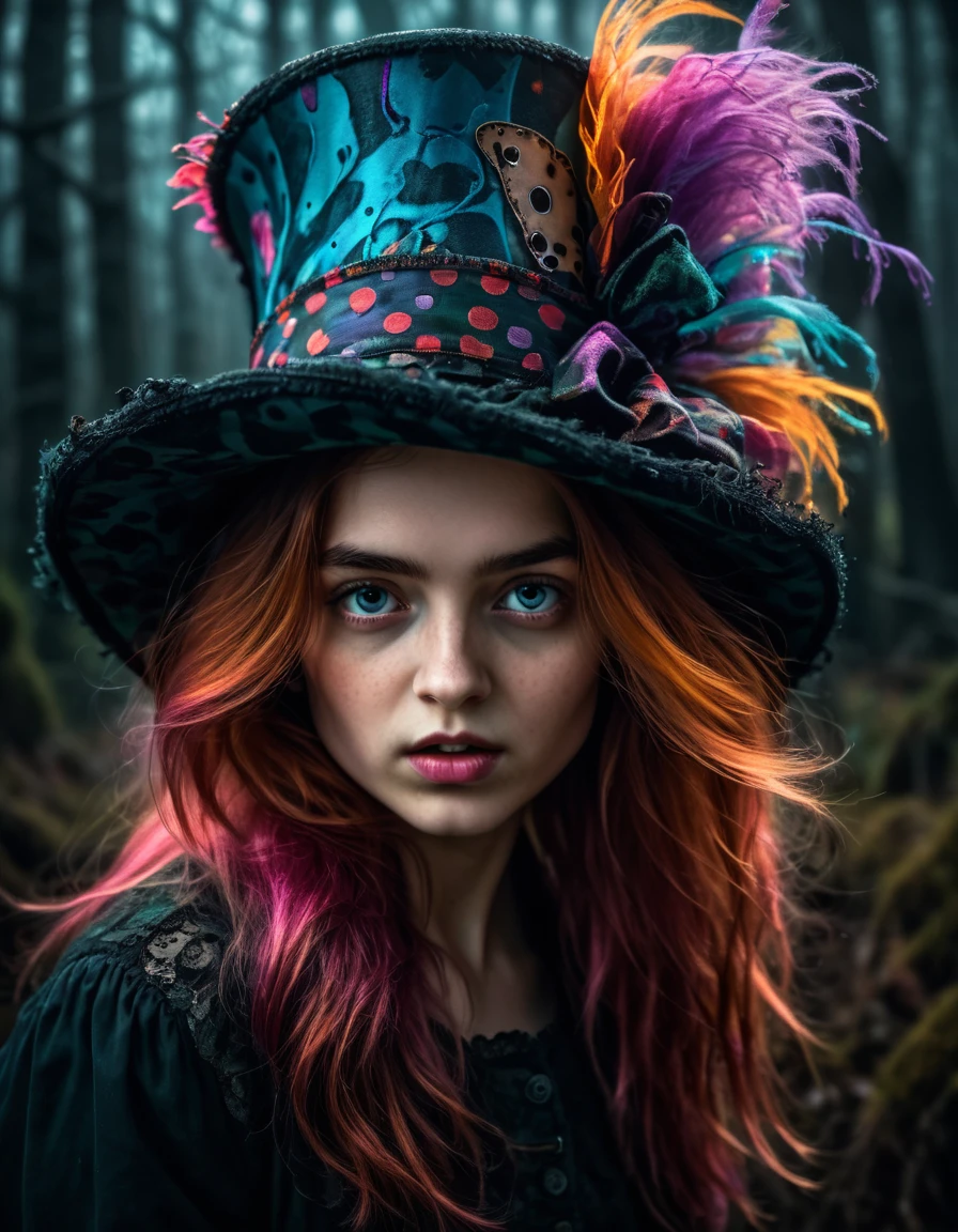 portrait young mad hatter girl,(crazy:1.4), alice in wonderland, rim light, dark light, low light, cold colors, surreal art, portrait, creepy, horror, (vibrant colors:1.4), deep detailed wonderland background, , vivid colors, colored hair, wind hair,huge hat