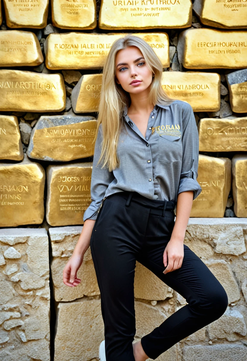 Very beautiful blonde girl from Ukraine, loose hair, black pants, gray blouse, written Florian, gold, on the ISRAELI WAITING WALL. All the stones are gold-colored.