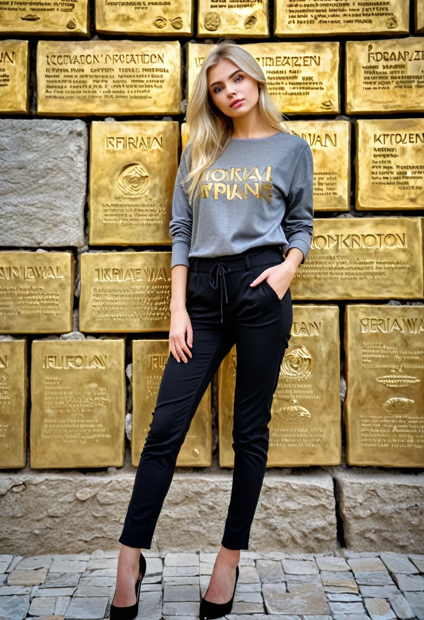 Very beautiful blonde girl from Ukraine, loose hair, black pants, gray blouse, written Florian, gold, on the ISRAELI WAITING WALL. All the stones are gold-colored.