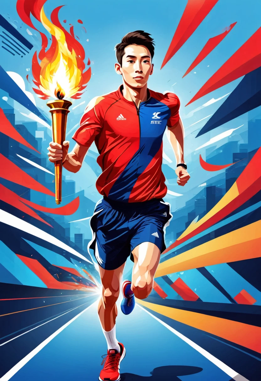 1 person, sock, sports shoes, Red shorts, Blue shirt,holding a torch，Olympic torch,geometry, Art, beautiful, rich and colorful, masterpiece, Top quality, best quality, official Art, beautiful and aesthetic, running, running track, track and field, bloom, track, Race, Asia, whole body.