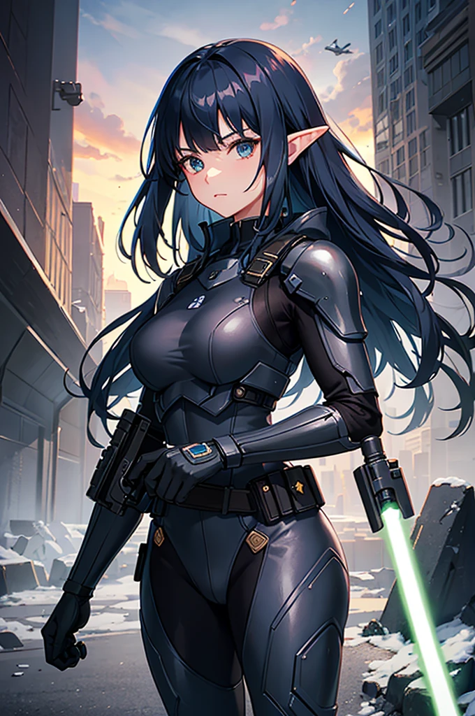 Create a high-quality image featuring an elf girl with dark navy blue hair and straight-cut bangs. She is a member of a special forces police unit, holding a handgun in her right hand and a lightsaber in her left hand. The background should feature a city inside a dome, with a black armored vehicle beside her.