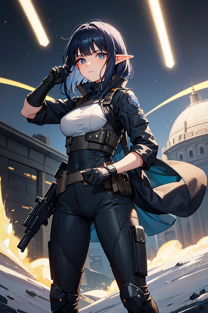 Create a high-quality image featuring an elf girl with dark navy blue hair and straight-cut bangs. She is a member of a special forces police unit, holding a handgun in her right hand and a lightsaber in her left hand. The background should feature a city inside a dome, with a black armored vehicle beside her.
