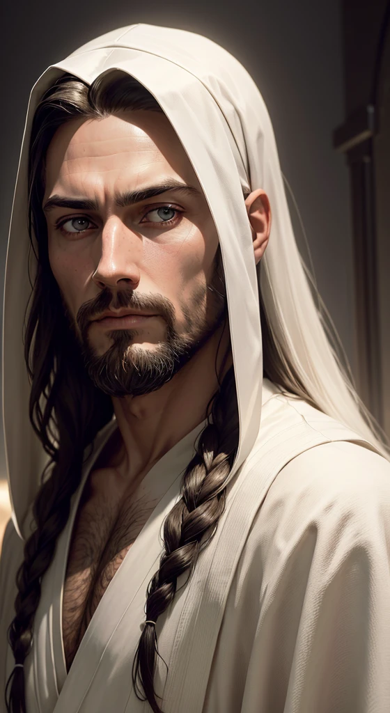 (symetry),centred,a ((Close  up)) above portrait,(jesus),a very thin white man, with long hair and beard,wearing a long white robe,35mm,skin natural,clothing detail, 8K texture, 8K, insane details, intricate details, hyperdetailedhighy detailed,realisitic,soft cinematic light,hdr,sharp focus, ((((cinematic appearance)))),intricate, chic, highy detailed