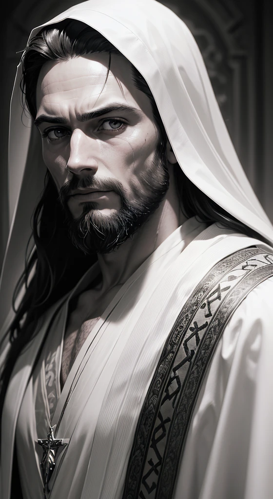 (symetry),centred,a ((Close  up)) above portrait,(jesus),a very thin white man, with long hair and beard,wearing a long white robe,35mm,skin natural,clothing detail, 8K texture, 8K, insane details, intricate details, hyperdetailedhighy detailed,realisitic,soft cinematic light,hdr,sharp focus, ((((cinematic appearance)))),intricate, chic, highy detailed