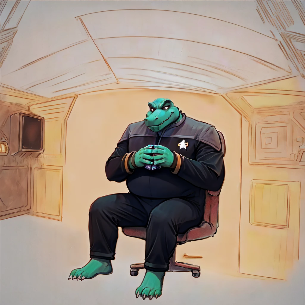 (((Barefoot scaley character, full body, cinematic setting, furry male, plantigrade))) 
Doctor (((kingkrool))), crocodile, green skin, reptile, gold bracelets, scales, bloodshot eye, fat, obese,
exudes confidence and authority, wears star trek DS9 doctor teal uniform, ((ds9st, black and grey star trek uniform, grey shoulders, teal neck, black jumpsuit, black pants)) dynamic pose, holding medical tricorder, ((starship interior with many screens and consoles)), futuristic look, metalic, bright colors
BREAK, intricate details, highly detailed, extreme detail, octane render, fine art, best quality, highres, (detailed face:1.5), ((full_body)), UHD, (((perfect hands))), ((low light:1.5))